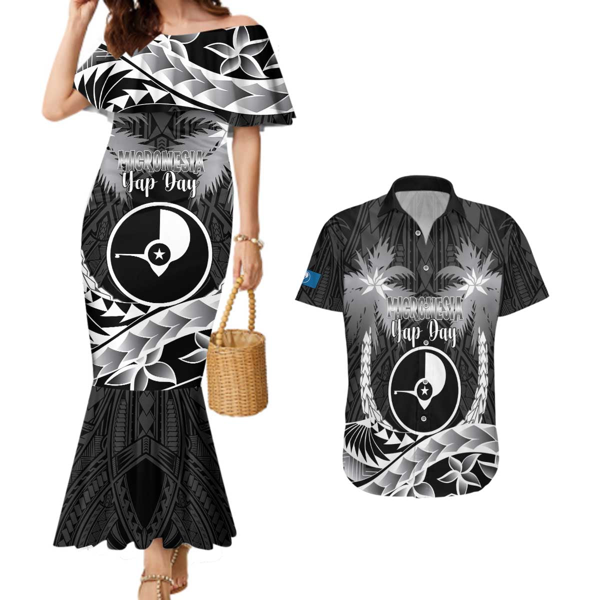 FSM Yap Day Couples Matching Mermaid Dress and Hawaiian Shirt 2025 Wa'ab Micronesia Black Color