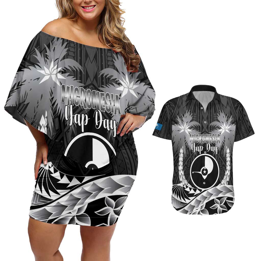 FSM Yap Day Couples Matching Off Shoulder Short Dress and Hawaiian Shirt 2025 Wa'ab Micronesia Black Color
