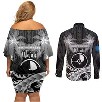 FSM Yap Day Couples Matching Off Shoulder Short Dress and Long Sleeve Button Shirt 2025 Wa'ab Micronesia Black Color
