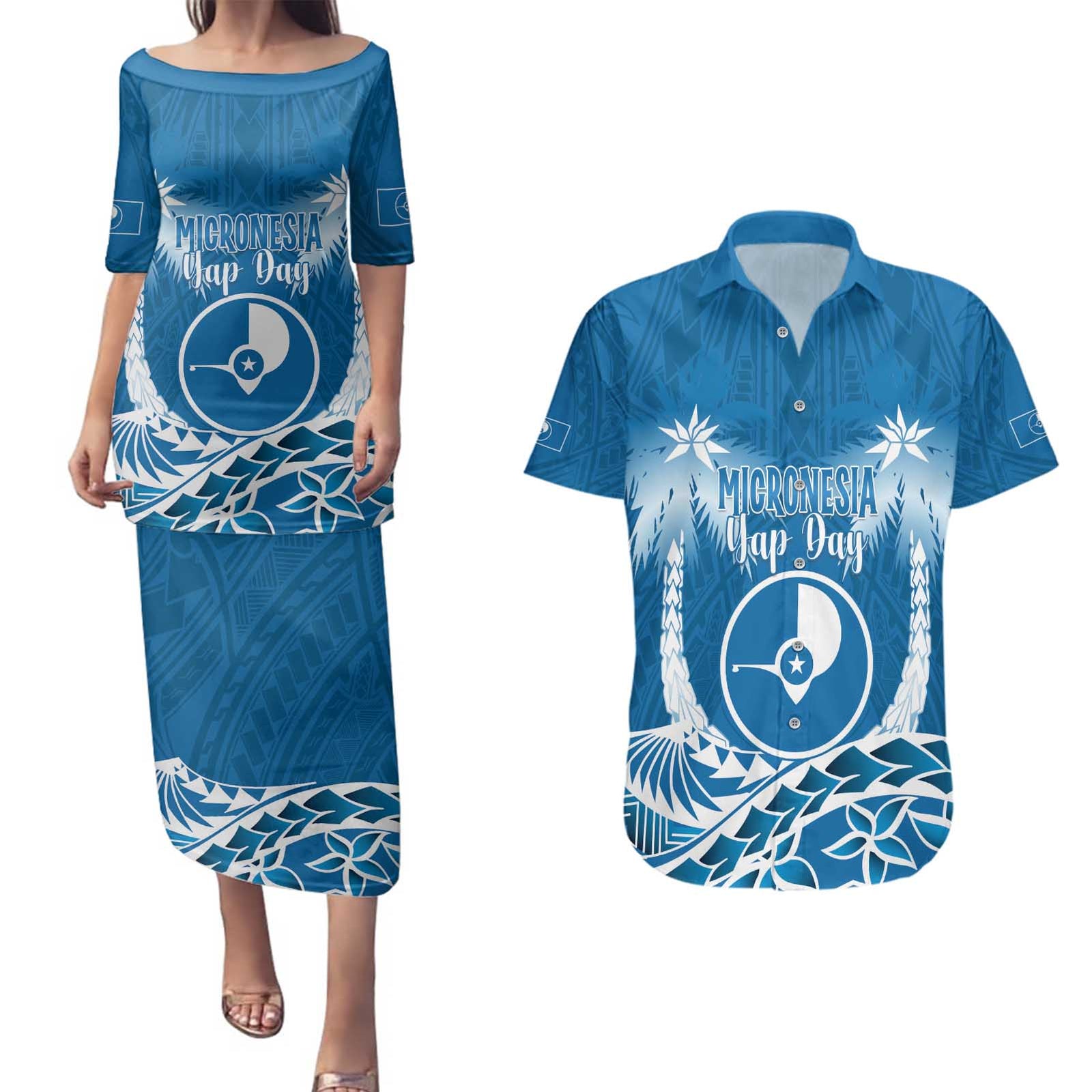 FSM Yap Day Couples Matching Puletasi and Hawaiian Shirt 2025 Wa'ab Micronesia Flag Color
