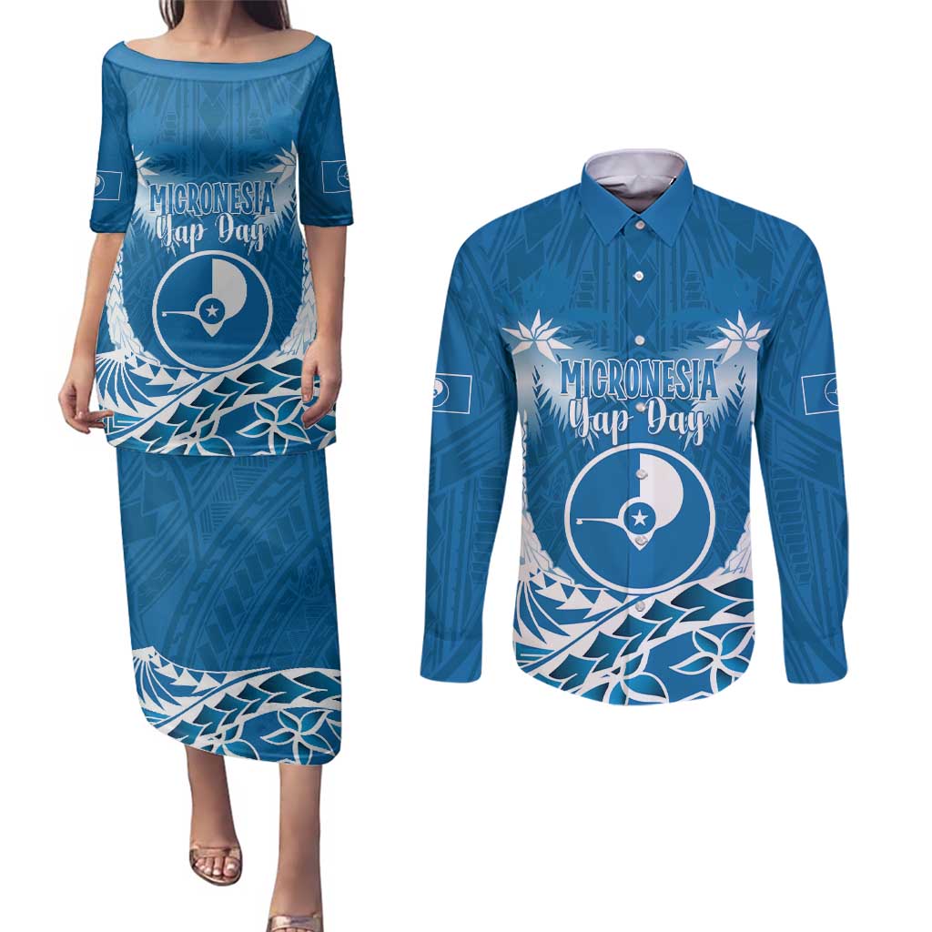FSM Yap Day Couples Matching Puletasi and Long Sleeve Button Shirt 2025 Wa'ab Micronesia Flag Color