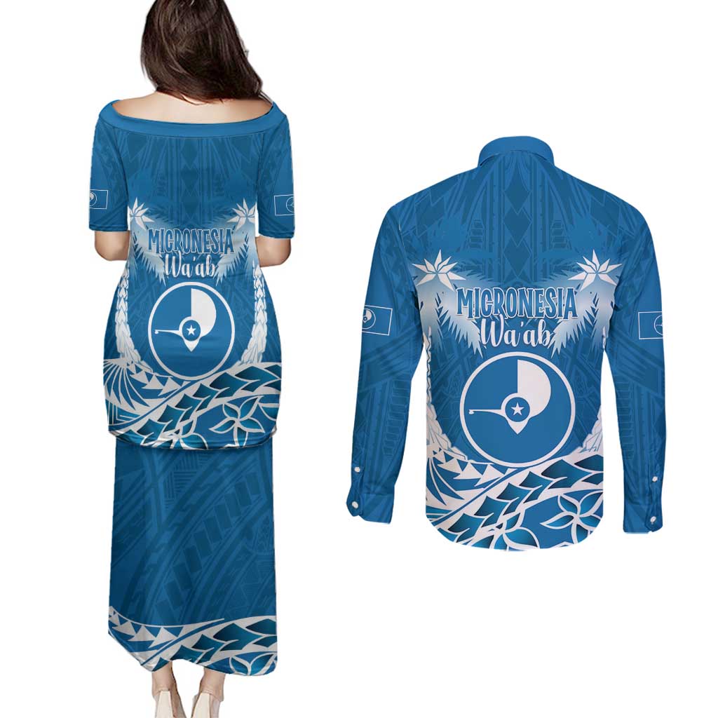 FSM Yap Day Couples Matching Puletasi and Long Sleeve Button Shirt 2025 Wa'ab Micronesia Flag Color
