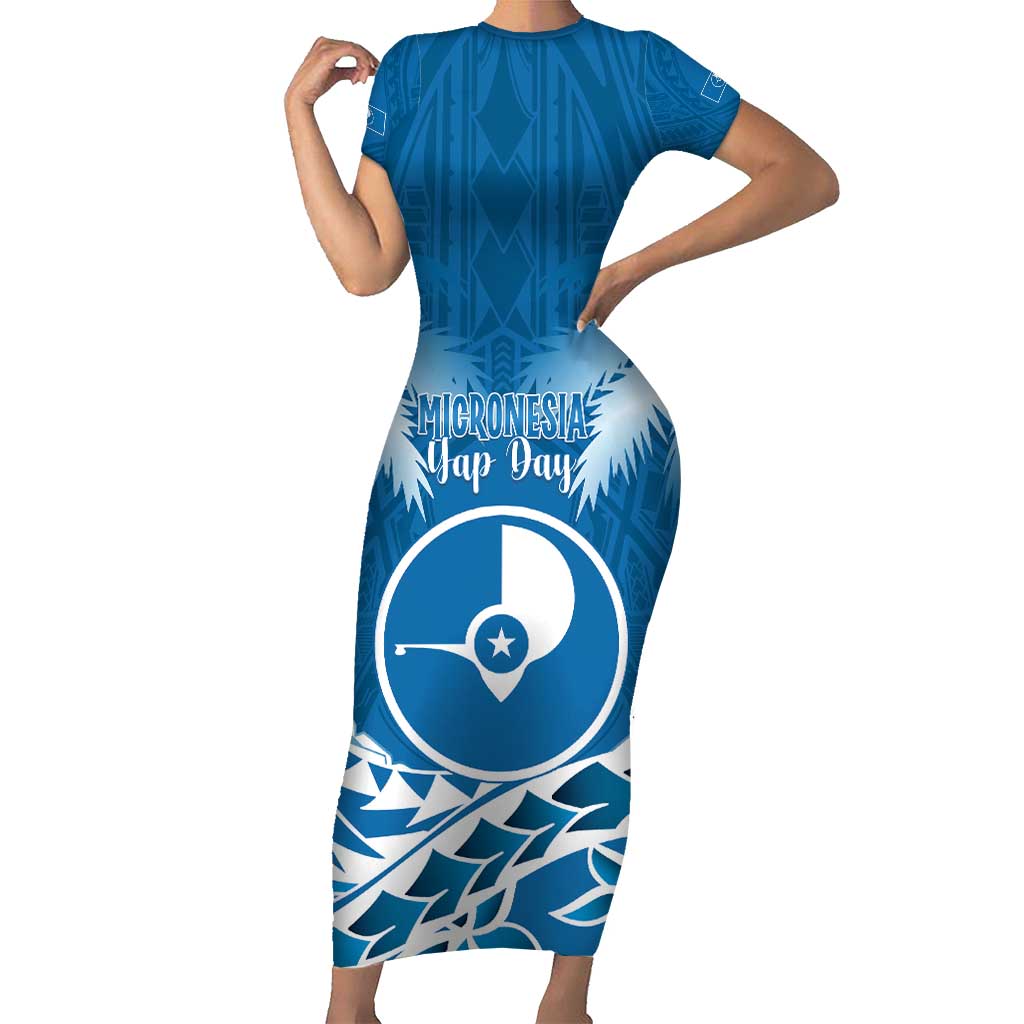 FSM Yap Day Short Sleeve Bodycon Dress 2025 Wa'ab Micronesia Flag Color