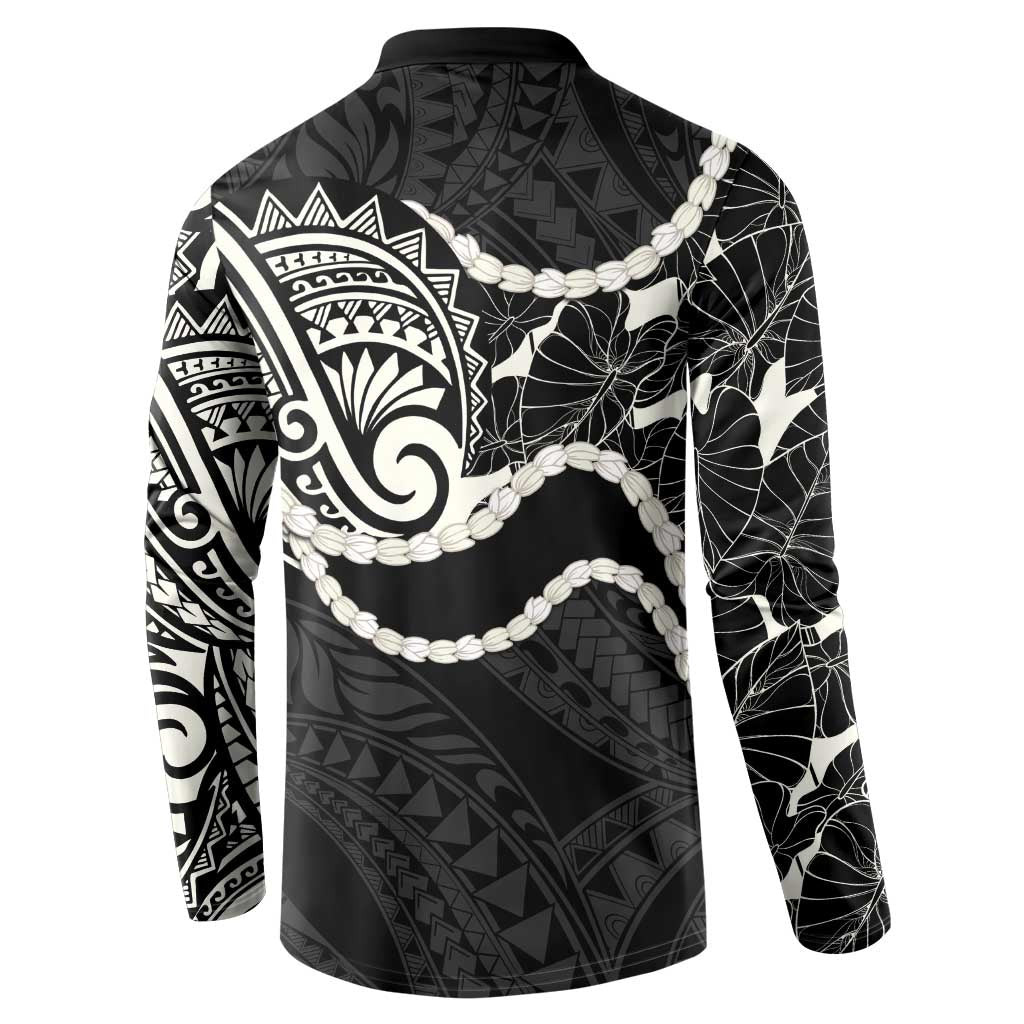 Aloha Hawaii Kalo Pikake Lei Button Sweatshirt Chest Tattoo Black Hawaiian Pattern