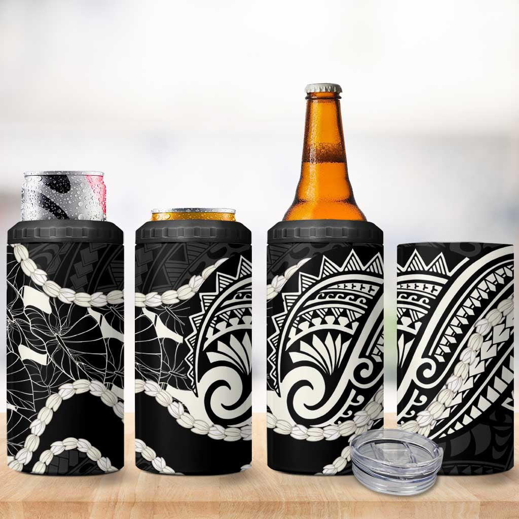 Aloha Hawaii Kalo Pikake Lei 4 in 1 Can Cooler Tumbler Chest Tattoo Black Hawaiian Pattern