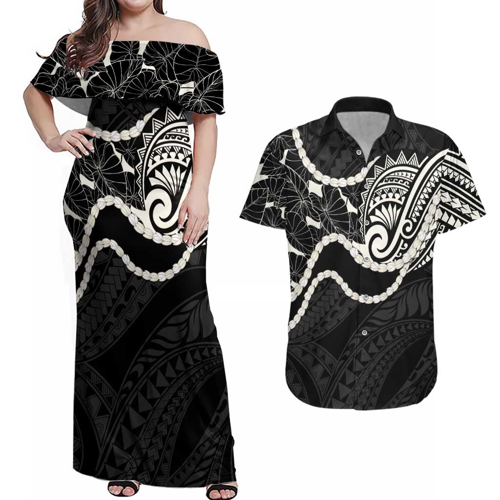 Aloha Hawaii Kalo Pikake Lei Couples Matching Off Shoulder Maxi Dress and Hawaiian Shirt Chest Tattoo Black Hawaiian Pattern