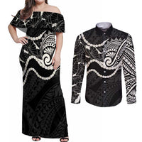 Aloha Hawaii Kalo Pikake Lei Couples Matching Off Shoulder Maxi Dress and Long Sleeve Button Shirt Chest Tattoo Black Hawaiian Pattern
