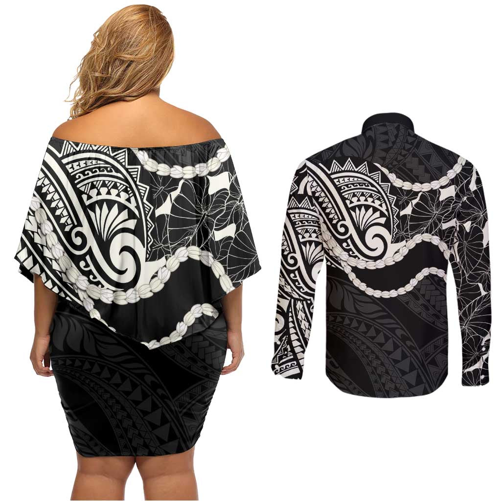 Aloha Hawaii Kalo Pikake Lei Couples Matching Off Shoulder Short Dress and Long Sleeve Button Shirt Chest Tattoo Black Hawaiian Pattern