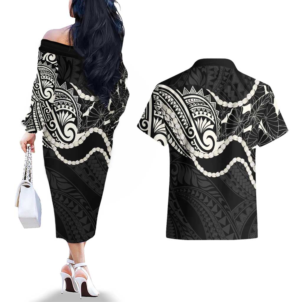 Aloha Hawaii Kalo Pikake Lei Couples Matching Off The Shoulder Long Sleeve Dress and Hawaiian Shirt Chest Tattoo Black Hawaiian Pattern