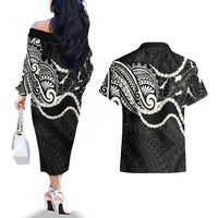 Aloha Hawaii Kalo Pikake Lei Couples Matching Off The Shoulder Long Sleeve Dress and Hawaiian Shirt Chest Tattoo Black Hawaiian Pattern