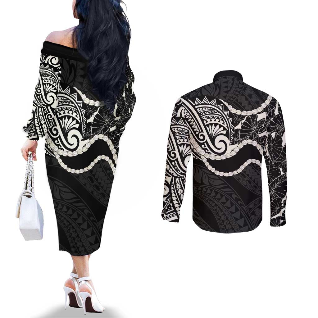 Aloha Hawaii Kalo Pikake Lei Couples Matching Off The Shoulder Long Sleeve Dress and Long Sleeve Button Shirt Chest Tattoo Black Hawaiian Pattern