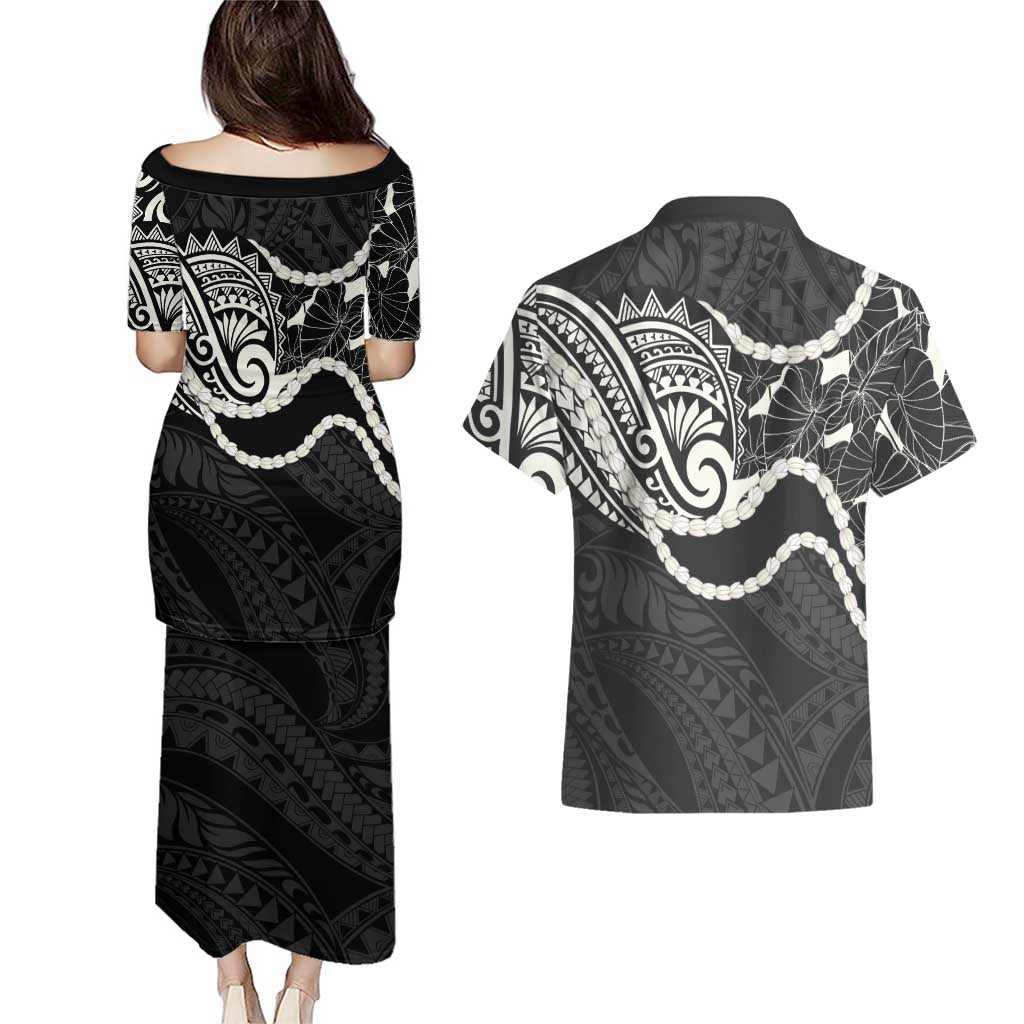Aloha Hawaii Kalo Pikake Lei Couples Matching Puletasi and Hawaiian Shirt Chest Tattoo Black Hawaiian Pattern