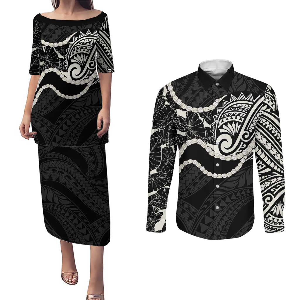 Aloha Hawaii Kalo Pikake Lei Couples Matching Puletasi and Long Sleeve Button Shirt Chest Tattoo Black Hawaiian Pattern