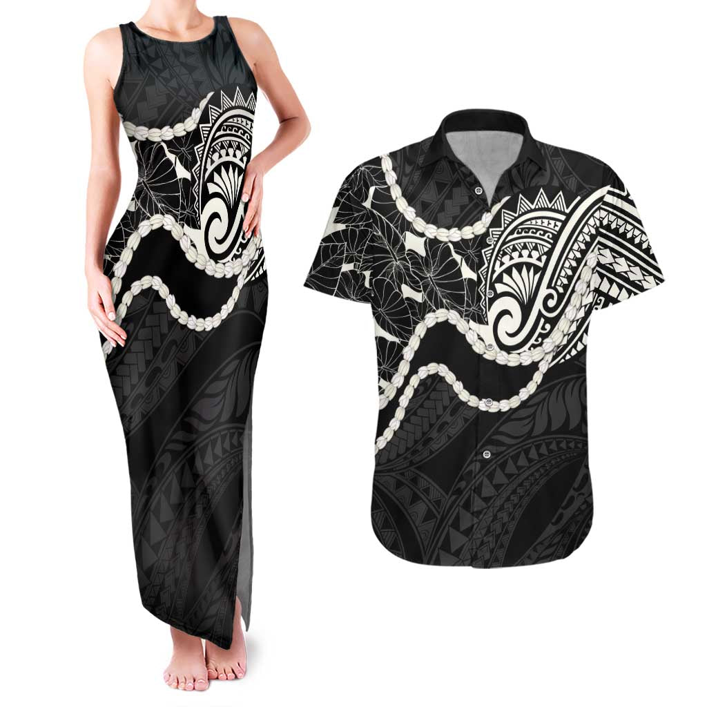 Aloha Hawaii Kalo Pikake Lei Couples Matching Tank Maxi Dress and Hawaiian Shirt Chest Tattoo Black Hawaiian Pattern