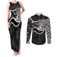 Aloha Hawaii Kalo Pikake Lei Couples Matching Tank Maxi Dress and Long Sleeve Button Shirt Chest Tattoo Black Hawaiian Pattern