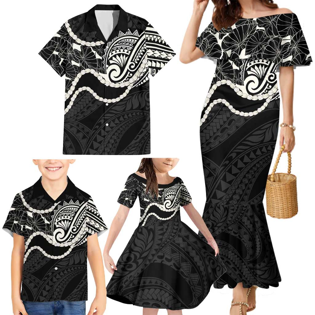 Aloha Hawaii Kalo Pikake Lei Family Matching Mermaid Dress and Hawaiian Shirt Chest Tattoo Black Hawaiian Pattern