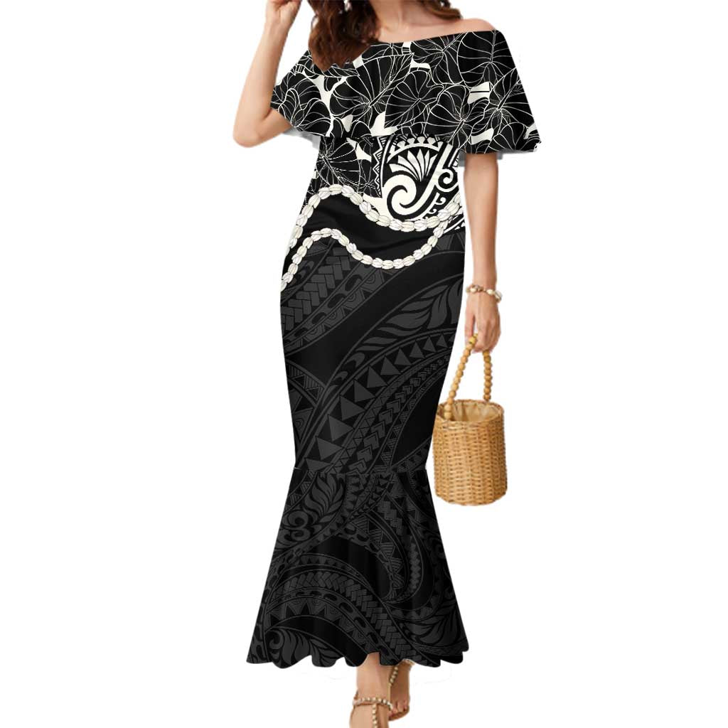 Aloha Hawaii Kalo Pikake Lei Family Matching Mermaid Dress and Hawaiian Shirt Chest Tattoo Black Hawaiian Pattern