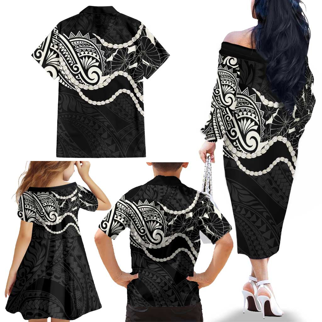 Aloha Hawaii Kalo Pikake Lei Family Matching Off The Shoulder Long Sleeve Dress and Hawaiian Shirt Chest Tattoo Black Hawaiian Pattern