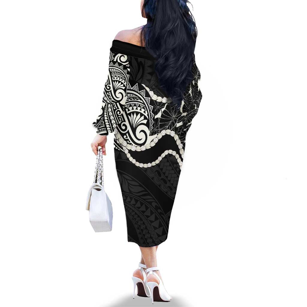 Aloha Hawaii Kalo Pikake Lei Family Matching Off The Shoulder Long Sleeve Dress and Hawaiian Shirt Chest Tattoo Black Hawaiian Pattern