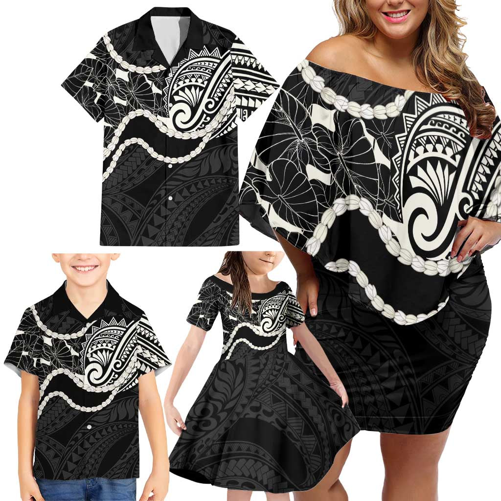 Aloha Hawaii Kalo Pikake Lei Family Matching Off Shoulder Short Dress and Hawaiian Shirt Chest Tattoo Black Hawaiian Pattern