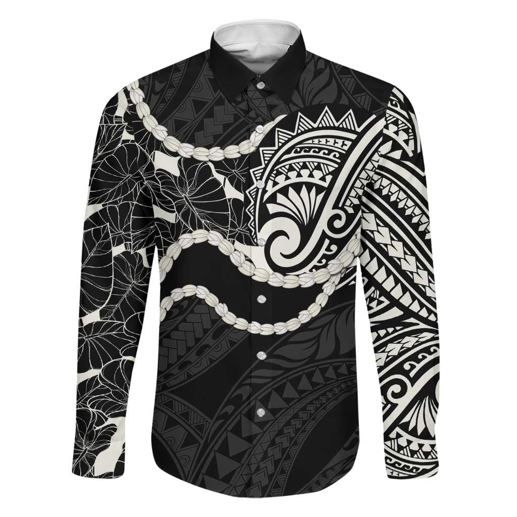 Aloha Hawaii Kalo Pikake Lei Family Matching Off Shoulder Short Dress and Hawaiian Shirt Chest Tattoo Black Hawaiian Pattern