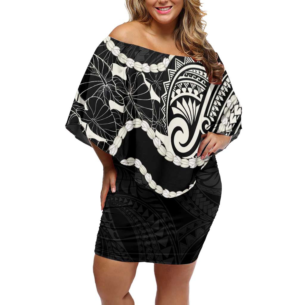 Aloha Hawaii Kalo Pikake Lei Family Matching Off Shoulder Short Dress and Hawaiian Shirt Chest Tattoo Black Hawaiian Pattern