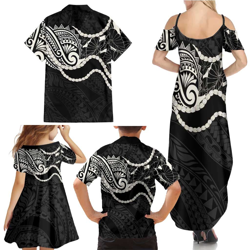 Aloha Hawaii Kalo Pikake Lei Family Matching Summer Maxi Dress and Hawaiian Shirt Chest Tattoo Black Hawaiian Pattern