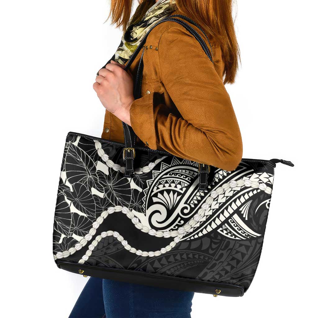 Aloha Hawaii Kalo Pikake Lei Leather Tote Bag Chest Tattoo Black Hawaiian Pattern