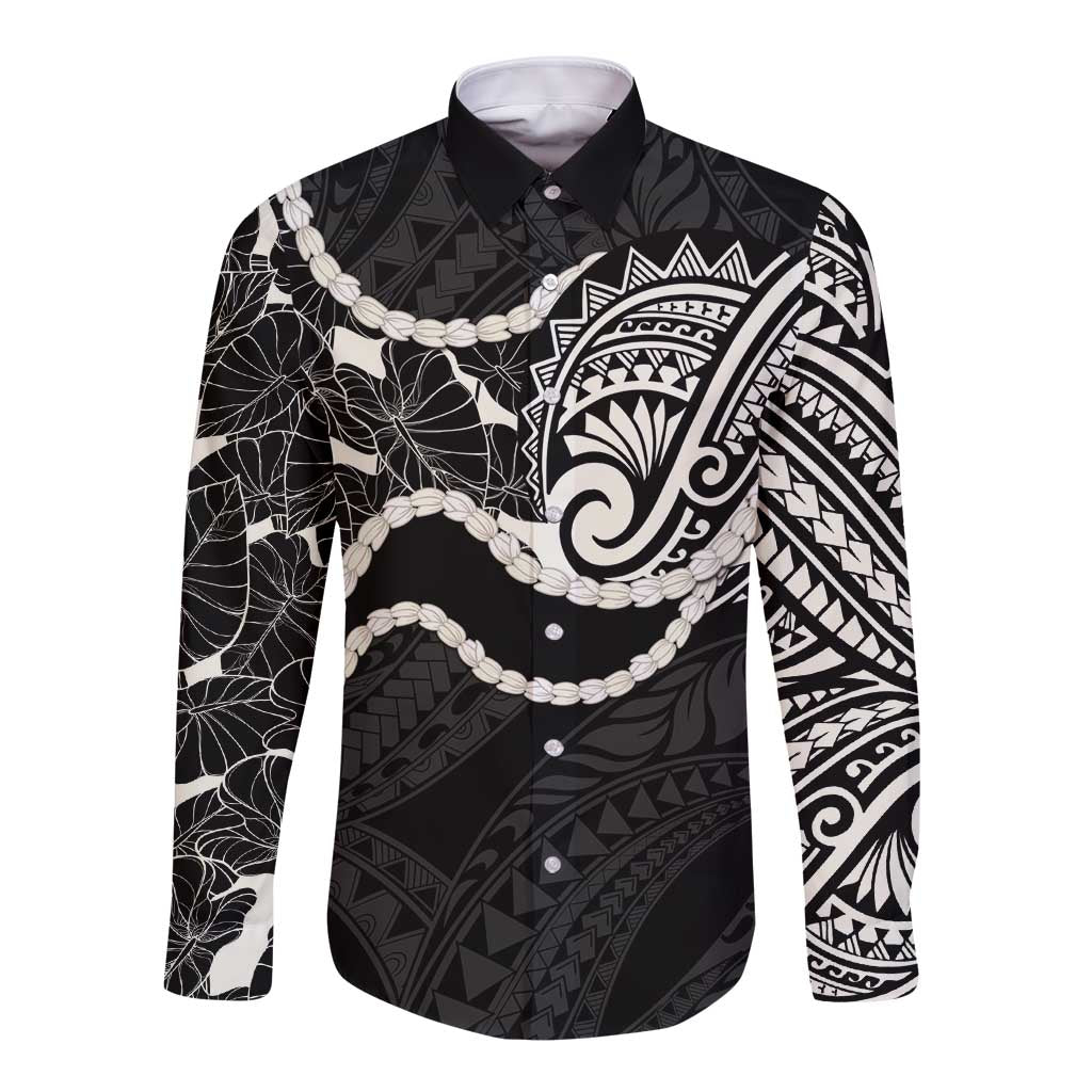 Aloha Hawaii Kalo Pikake Lei Long Sleeve Button Shirt Chest Tattoo Black Hawaiian Pattern