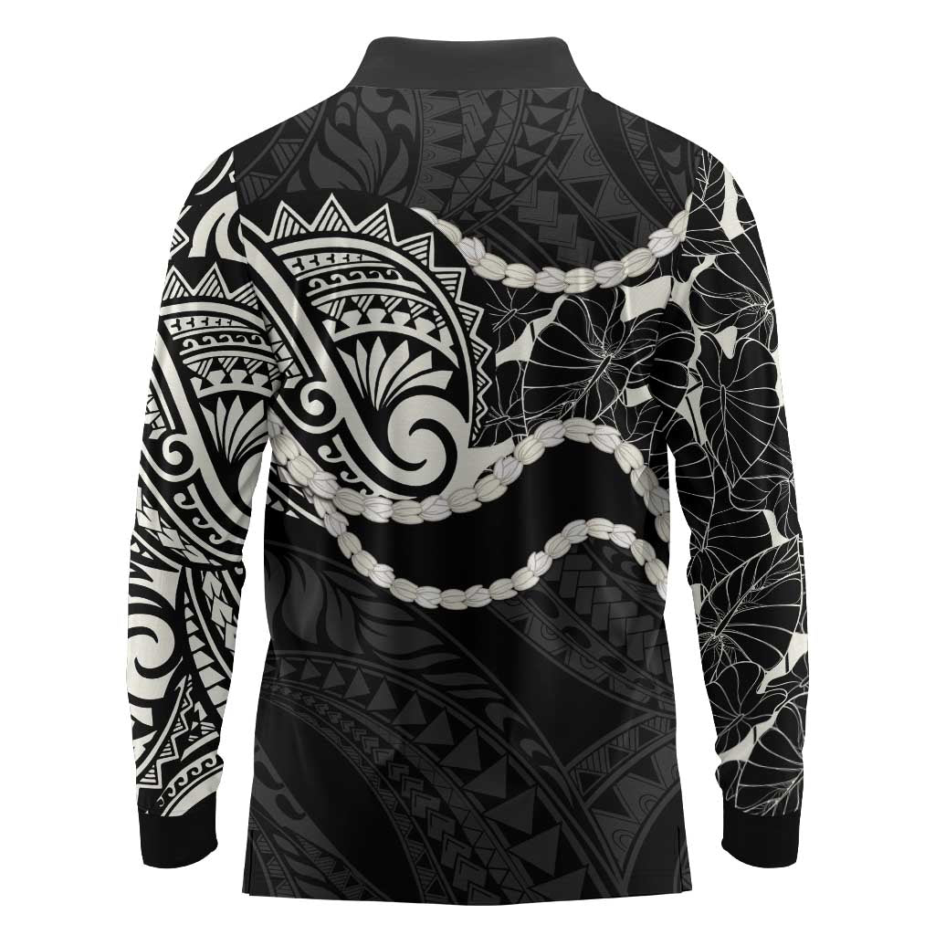 Aloha Hawaii Kalo Pikake Lei Long Sleeve Polo Shirt Chest Tattoo Black Hawaiian Pattern