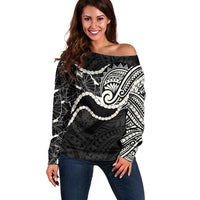 Aloha Hawaii Kalo Pikake Lei Off Shoulder Sweater Chest Tattoo Black Hawaiian Pattern LT14 Women Black - Polynesian Pride