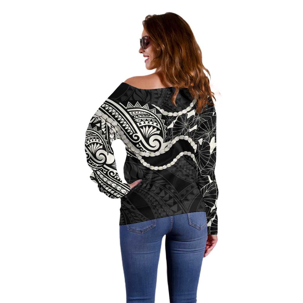 Aloha Hawaii Kalo Pikake Lei Off Shoulder Sweater Chest Tattoo Black Hawaiian Pattern LT14 - Polynesian Pride