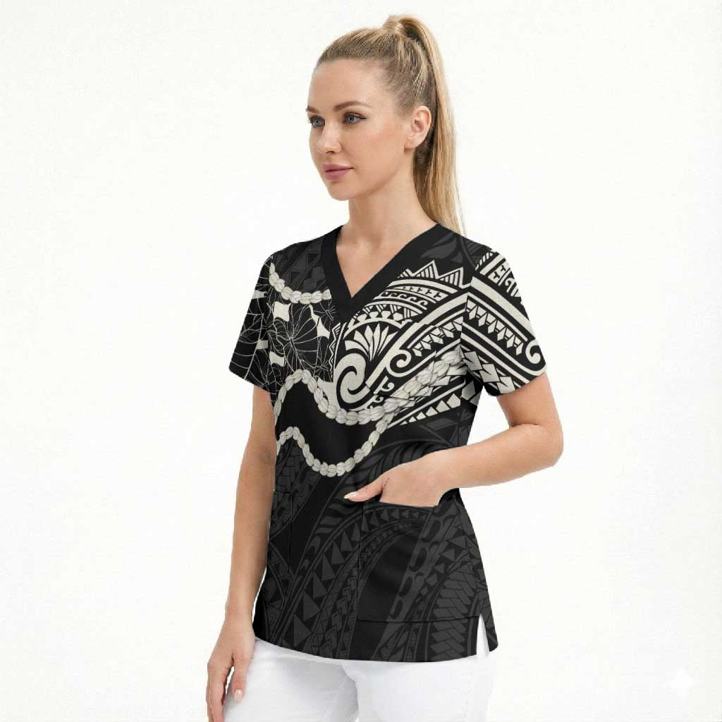 Aloha Hawaii Kalo Pikake Lei Scrub Top Chest Tattoo Black Hawaiian Pattern