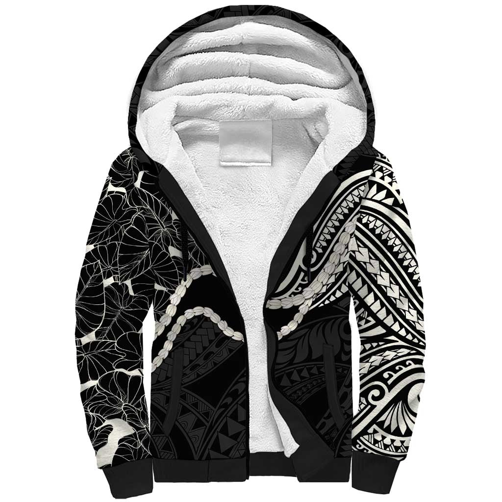 Aloha Hawaii Kalo Pikake Lei Sherpa Hoodie Chest Tattoo Black Hawaiian Pattern LT14 Unisex Black - Polynesian Pride