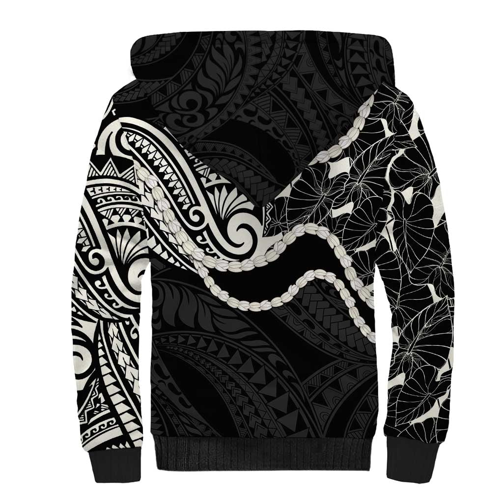 Aloha Hawaii Kalo Pikake Lei Sherpa Hoodie Chest Tattoo Black Hawaiian Pattern LT14 - Polynesian Pride