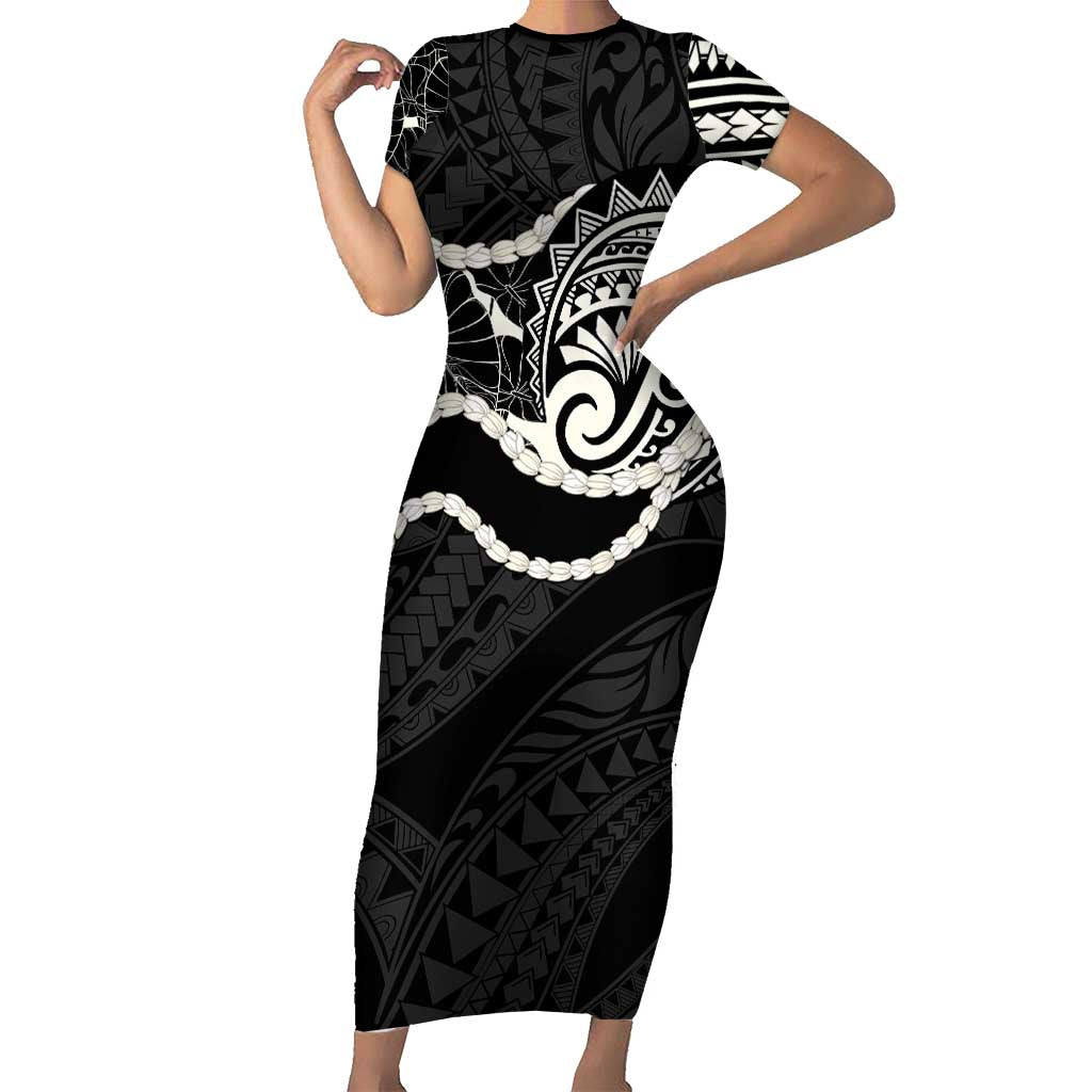 Aloha Hawaii Kalo Pikake Lei Short Sleeve Bodycon Dress Chest Tattoo Black Hawaiian Pattern LT14 Long Dress Black - Polynesian Pride