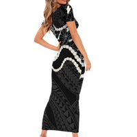 Aloha Hawaii Kalo Pikake Lei Short Sleeve Bodycon Dress Chest Tattoo Black Hawaiian Pattern LT14 - Polynesian Pride