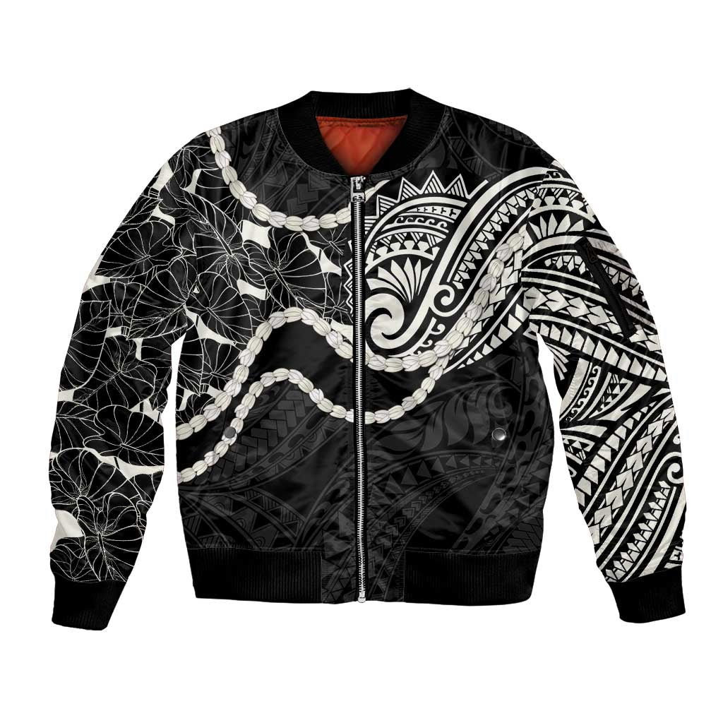 Aloha Hawaii Kalo Pikake Lei Sleeve Zip Bomber Jacket Chest Tattoo Black Hawaiian Pattern LT14 Unisex Black - Polynesian Pride