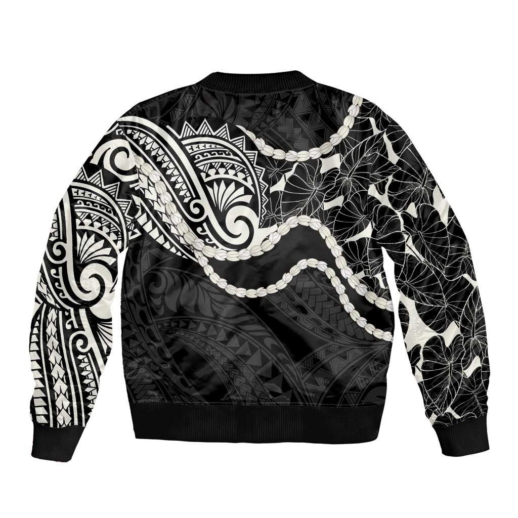 Aloha Hawaii Kalo Pikake Lei Sleeve Zip Bomber Jacket Chest Tattoo Black Hawaiian Pattern LT14 - Polynesian Pride