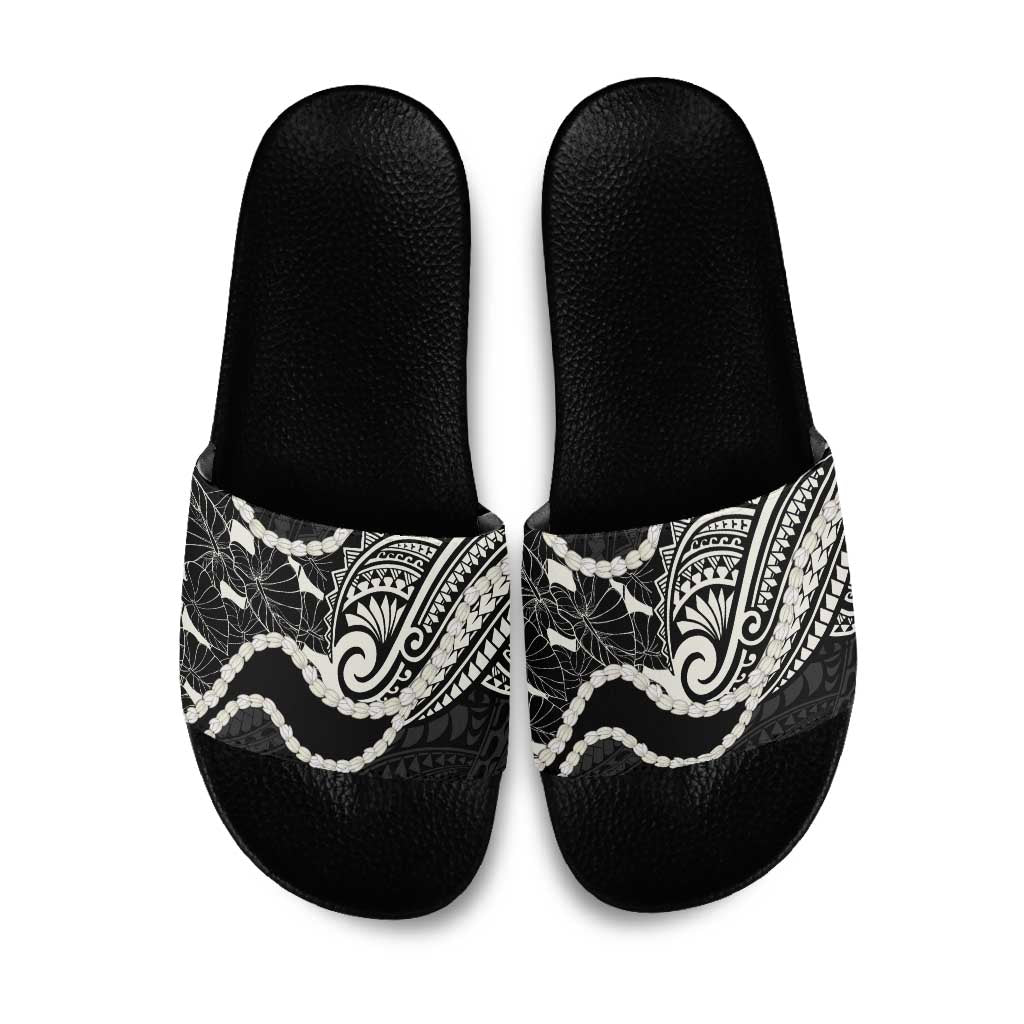 Aloha Hawaii Kalo Pikake Lei Slide Sandals Chest Tattoo Black Hawaiian Pattern
