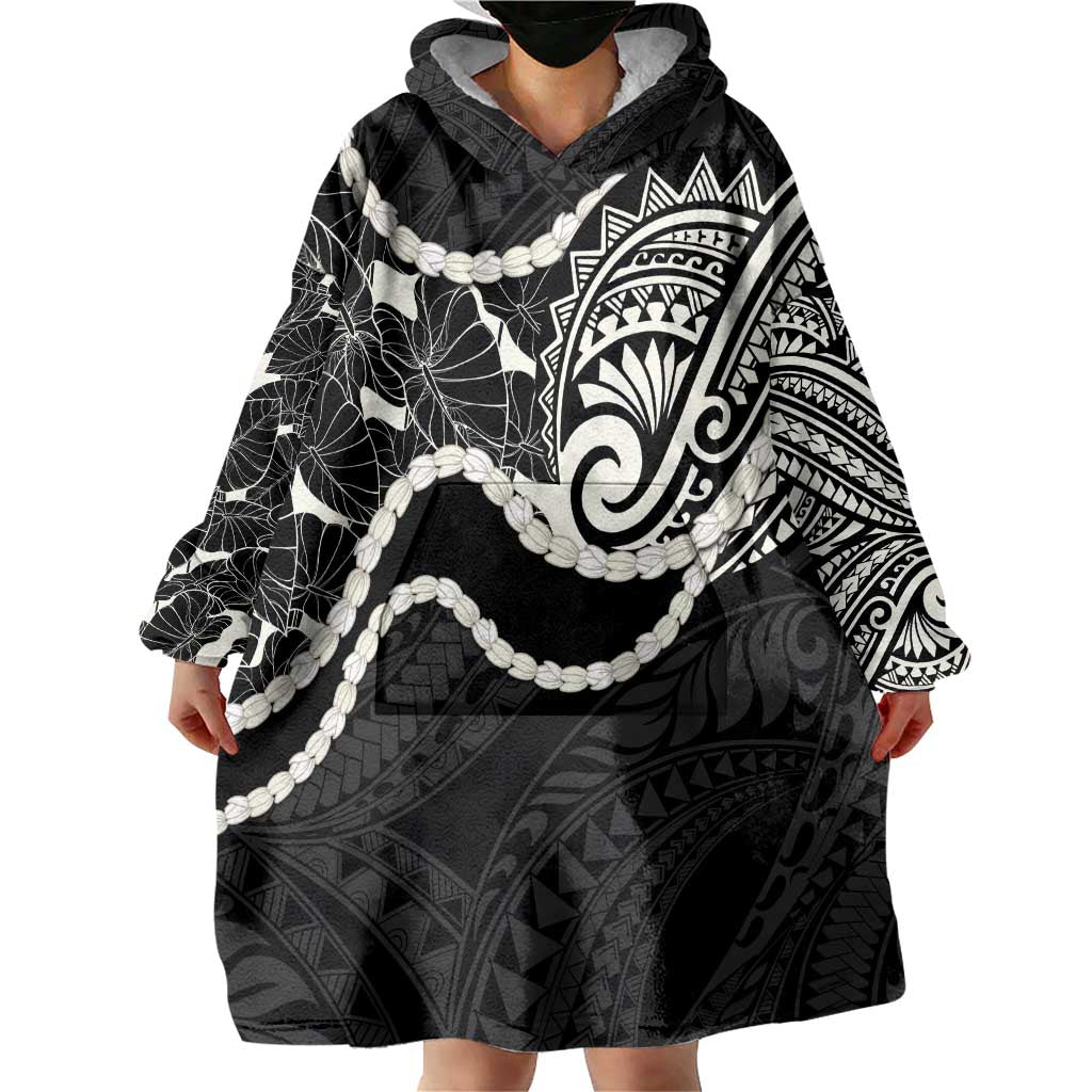 Aloha Hawaii Kalo Pikake Lei Wearable Blanket Hoodie Chest Tattoo Black Hawaiian Pattern LT14 - Polynesian Pride