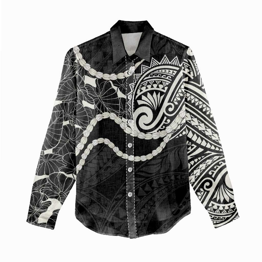 Aloha Hawaii Kalo Pikake Lei Women Casual Shirt Chest Tattoo Black Hawaiian Pattern