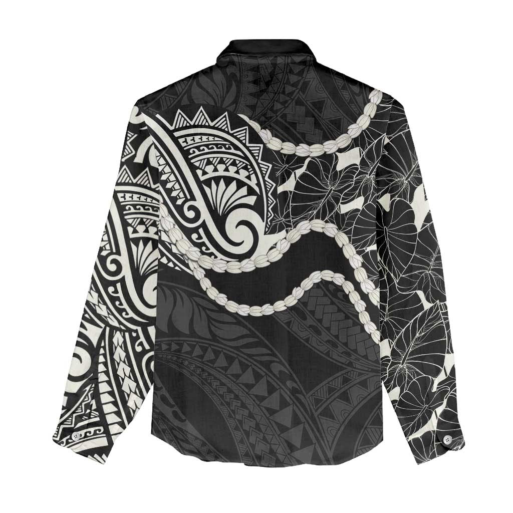 Aloha Hawaii Kalo Pikake Lei Women Casual Shirt Chest Tattoo Black Hawaiian Pattern