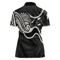 Aloha Hawaii Kalo Pikake Lei Women Polo Shirt Chest Tattoo Black Hawaiian Pattern