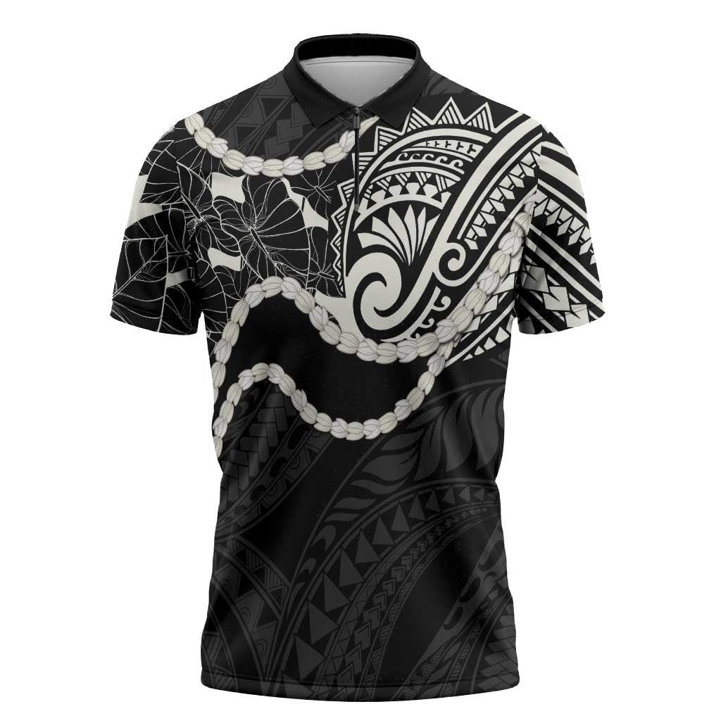 Aloha Hawaii Kalo Pikake Lei Zipper Polo Shirt Chest Tattoo Black Hawaiian Pattern LT14 Black - Polynesian Pride