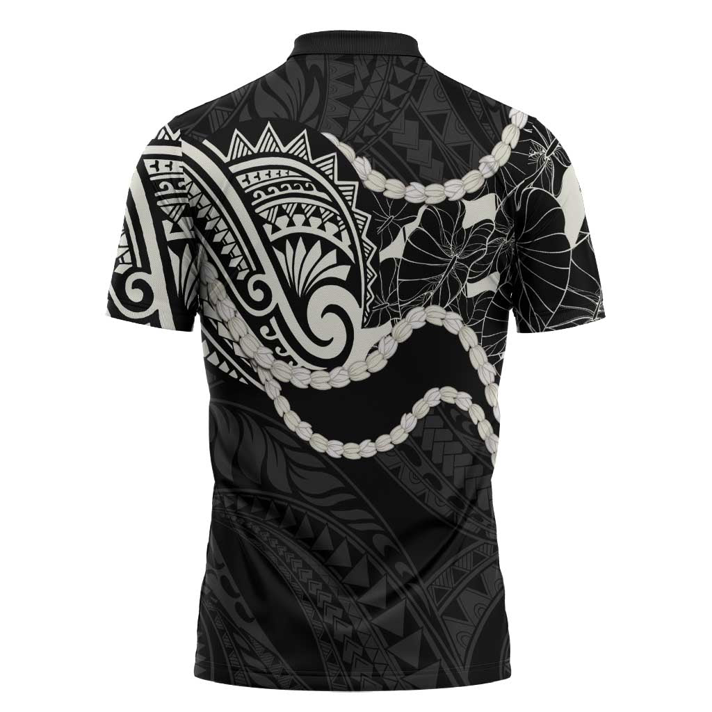 Aloha Hawaii Kalo Pikake Lei Zipper Polo Shirt Chest Tattoo Black Hawaiian Pattern LT14 - Polynesian Pride