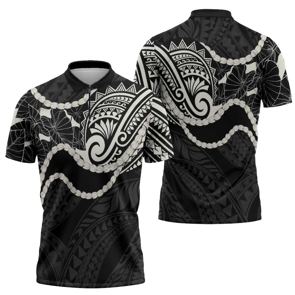 Aloha Hawaii Kalo Pikake Lei Zipper Polo Shirt Chest Tattoo Black Hawaiian Pattern LT14 - Polynesian Pride