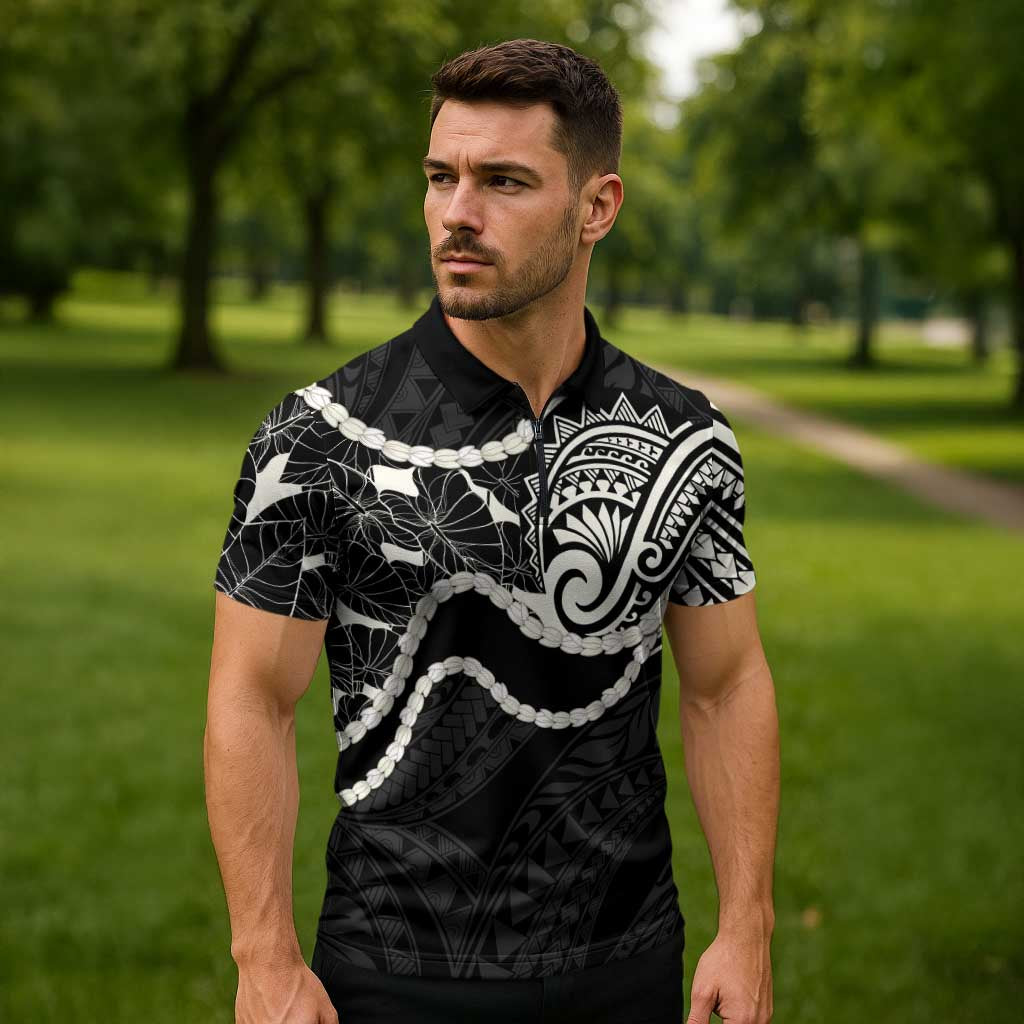 Aloha Hawaii Kalo Pikake Lei Zipper Polo Shirt Chest Tattoo Black Hawaiian Pattern LT14 - Polynesian Pride