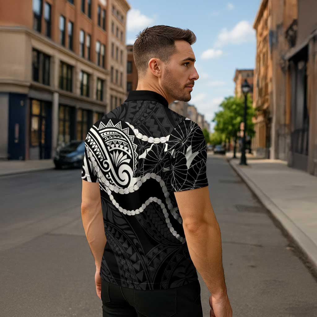 Aloha Hawaii Kalo Pikake Lei Zipper Polo Shirt Chest Tattoo Black Hawaiian Pattern LT14 - Polynesian Pride
