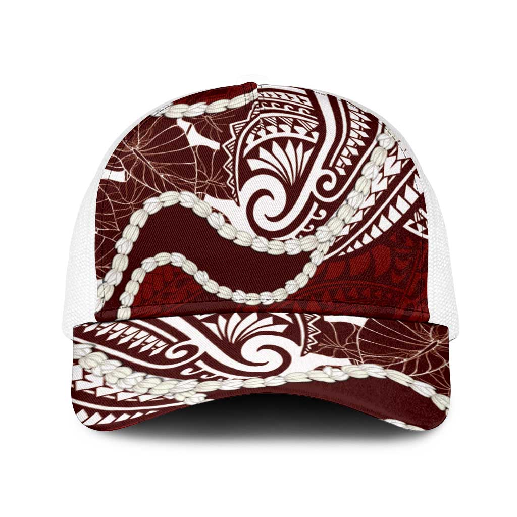 Aloha Hawaii Kalo Pikake Lei Baseball Net Cap Chest Tattoo Oxblood Hawaiian Pattern LT14 One Size White Oxblood - Polynesian Pride